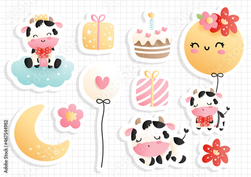 Baby cow birthday, baby cow element, papercut style. 