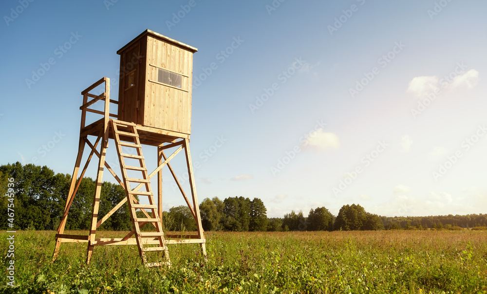 Wooden deer and wild boar hunting blind stand on a field at sunset.