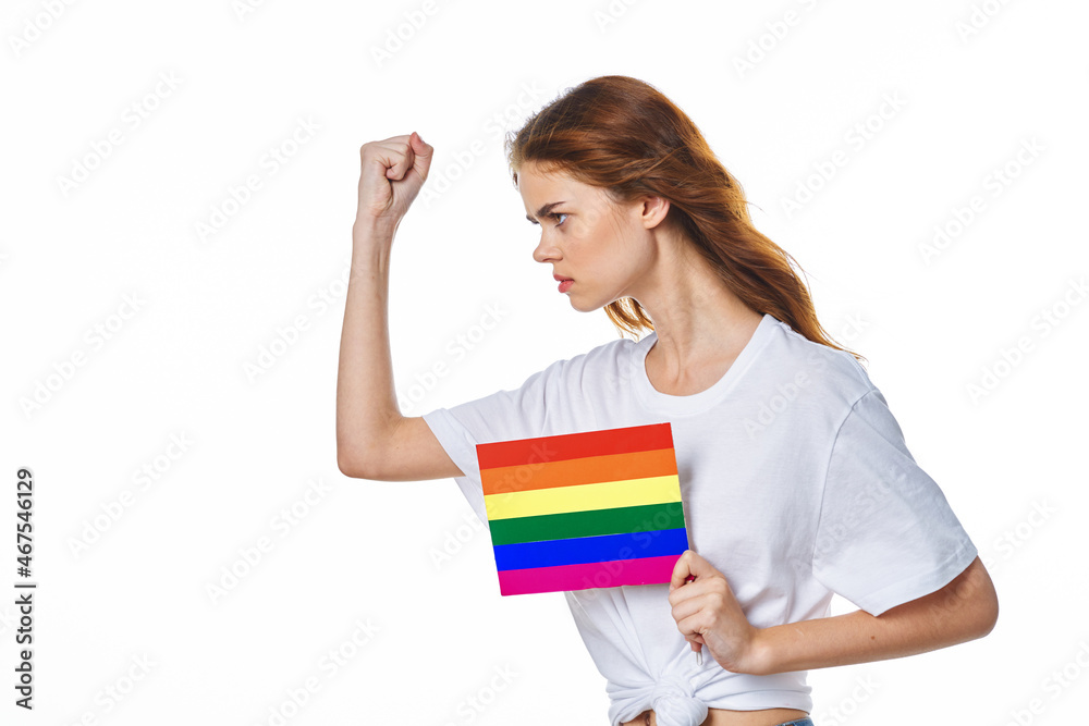 woman wearing white t-shirt lgbt flag inventor community woman wearing white t-shirt lgbt flag inventor community