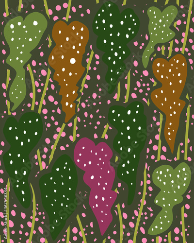 background plant ornamental background. Pattern with leaves of Begonia maculate wightii. For fashion prints, graphics, backgrounds and crafts.vector illustration.