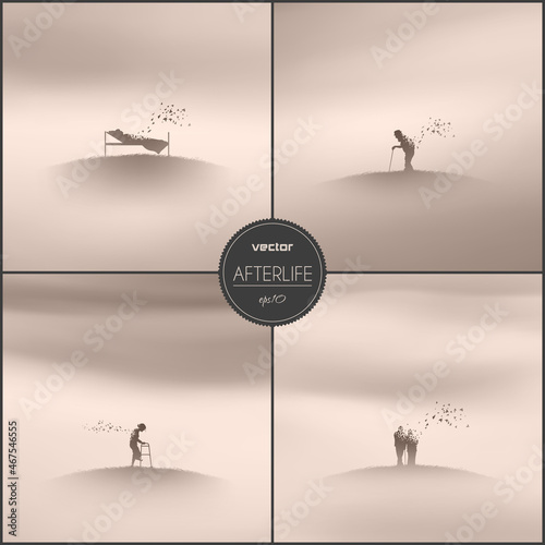 Old people in heaven. Human in paradise. Death, afterlife. Hill in fog