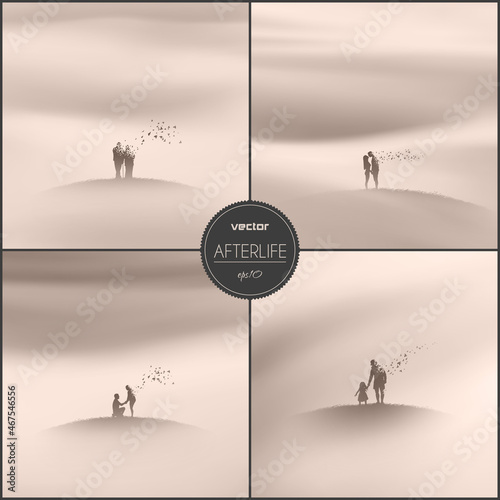 People in heaven. Human in paradise. Death and afterlife. Foggy clouds