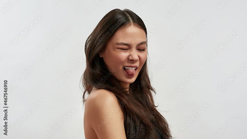 Displeased Asian woman show discontent dislike Displeased Asian woman show discontent dislike