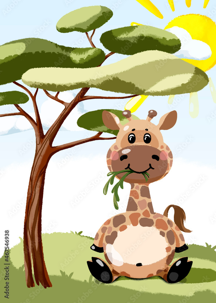 Obraz premium Giraffe funny personage illustration with it natural environment on background