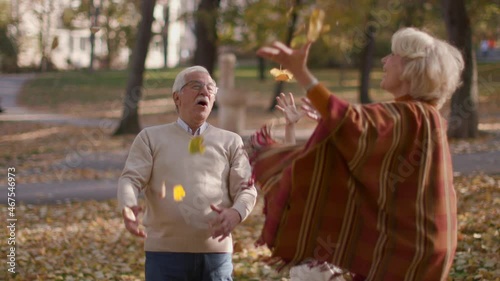 Grandparents enjoying good time with their cute little granddaughter in the autumn park