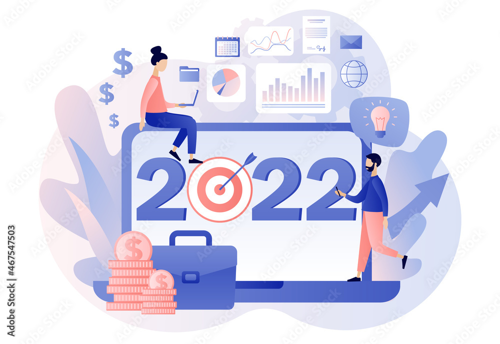 2022 New Year business goal. Tiny people businessmen planning goals for next year online. Leadership, achievement, vision, success. Modern flat cartoon style. Vector illustration on white background 2022 New Year business goal. Tiny people businessmen planning goals for next year online. Leadership, achievement, vision, success. Modern flat cartoon style. Vector illustration on white background