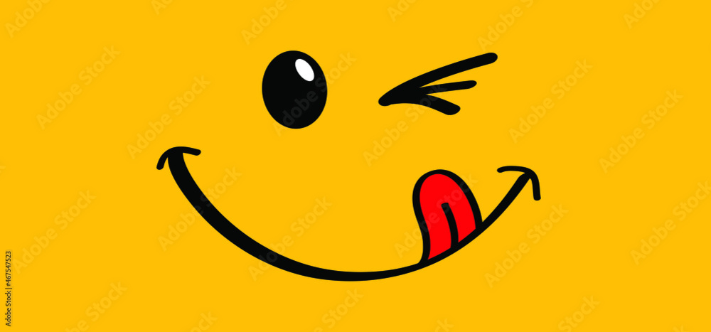 Fototapeta premium Yummy smile with tongue lick mouth. World smile day or month Food logo. Funny vector laugh cartoon comic sign. Delicious, tasty eating emoji lip face.
