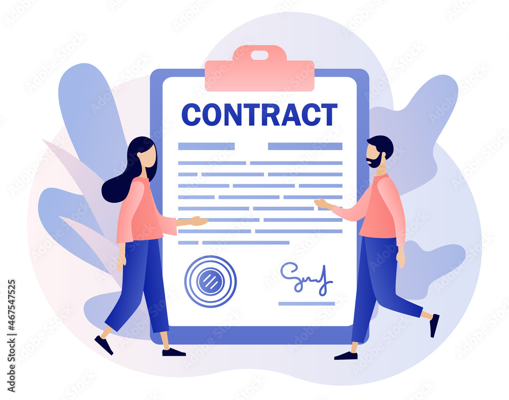 Contract concept. Tiny business people signing agreement, legal document or contract online. Digital signature. Modern flat cartoon style. Vector illustration on white background