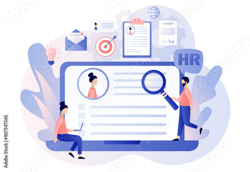 HR department. Human Resources management. Employer selects candidates online. Recruitment agency, employment, headhunting business. Modern flat cartoon style. Vector illustration on white background