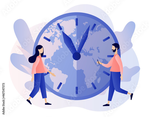 Time zones. International time and date. Big clock showing local time. Tiny business people worldwide. Modern flat cartoon style. Vector illustration on white background