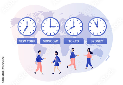 Time zones. International time and date. Clocks showing local timezone. Tiny people business worldwide. Modern flat cartoon style. Vector illustration on white background