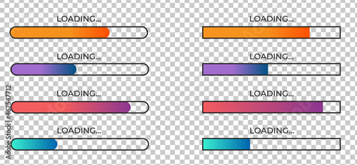 Loading bar set on transparent background. Progress colour gradient bar collection. Web design elements. Vector illustration