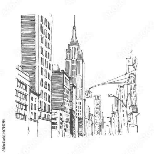 Architecture sketch illustration. Travel sketch of New York  USA. Liner sketches architecture of the street. Freehand drawing. Sketchy line art drawing with a pen on paper.