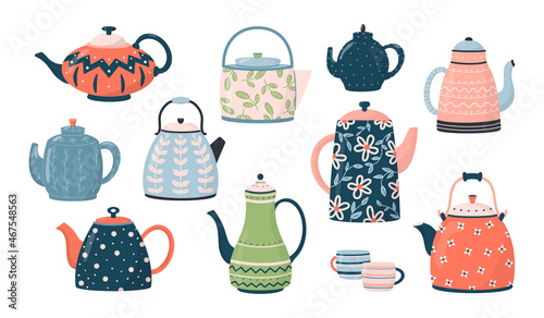 Collection of teapots and kettles isolated on white background. Ceramic drinkware or glassware for tea ceremony. Flat cartoon vector illustration.