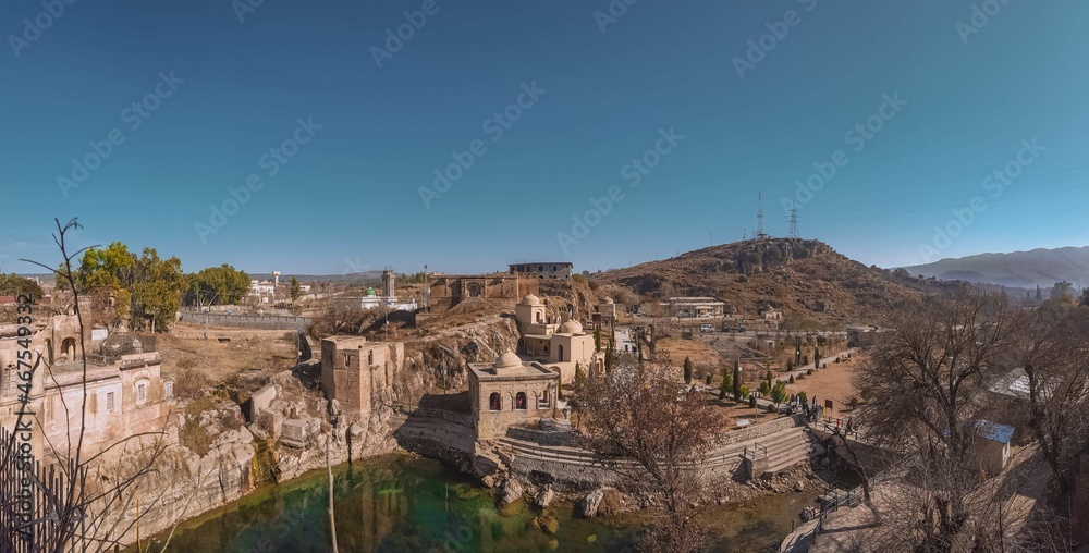 Choa SaidanShah, Chakwal, Pakistan - December, 29, 2019: Shri Katas Raj is a complex of several Hindu temples and  a pond named Katas which is sacred to Hindus. The site is almost 5000 years old!