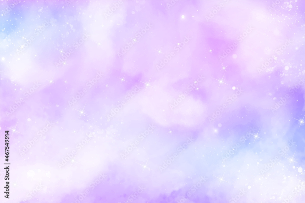 Abstract pink blue watercolor galaxy background. Fantasy rainbow pastel color. Watercolor sky cloud. Marble glitter pattern. Holographic star unicorn texture