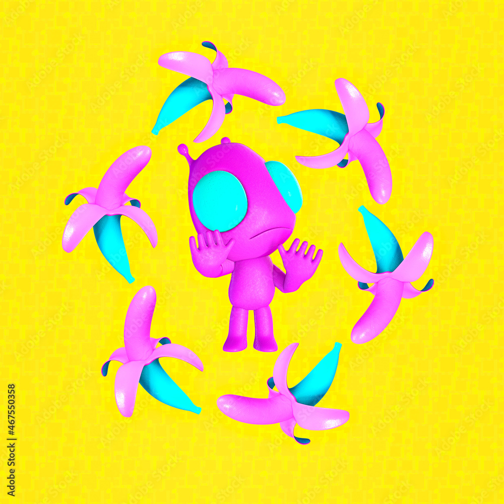Fototapeta premium Minimalistic stylized collage art. 3d render. Funny aliens and pink bananas. Cosmic trendy vibes