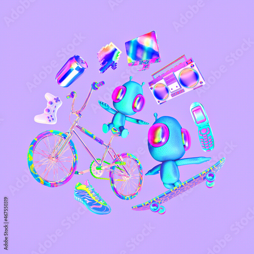 Minimalistic stylized collage art. 3d render Funny aliens in stylish skateboard space Cosmic trendy vibes