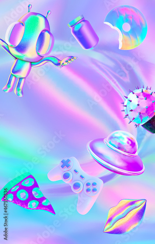 Minimalistic stylized collage art wallpaper. 3d render Funny aliens in stylish Cosmic holography trendy space