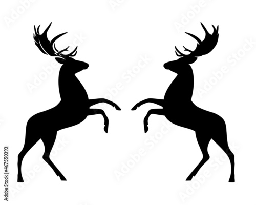 Valokuva rearing up deer with big antlers - black vector silhouette design of rampant her