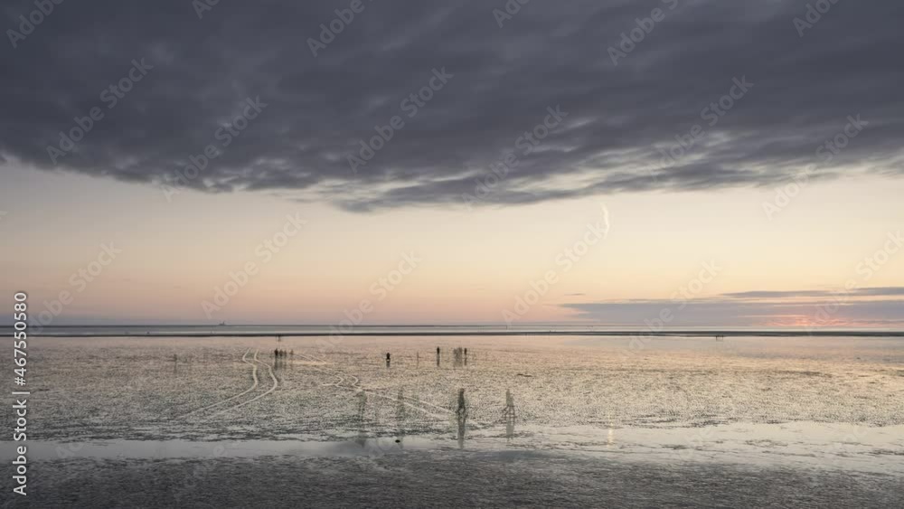 Timelapse of people silhouettes walking along the Wadden Sea in Buesum during sunset, reflecting in the wet sand, Germany
Timelapse of people silhouettes walking along the Wadden Sea in Buesum during sunset, reflecting in the wet sand, Germany