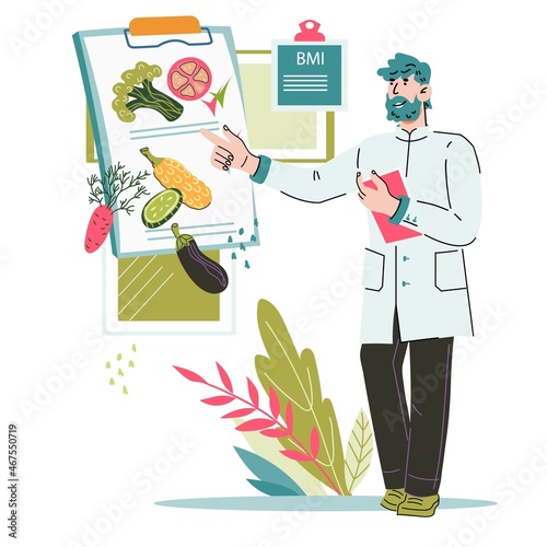 Nutritionist or dietician showing plan of healthy eating. Healthy nutrition and diet, weight control, flat vector illustration isolated on white background.