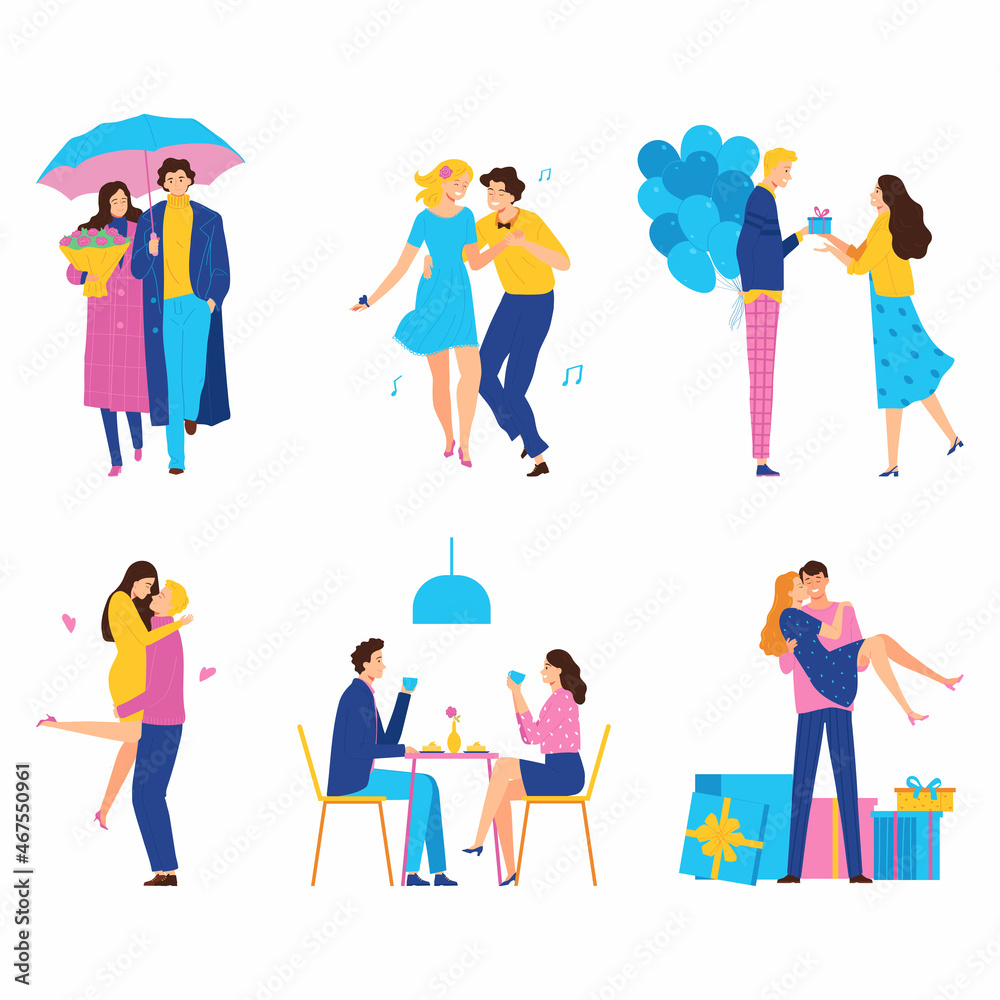 Happy romantic couple on a date. A set of characters. Valentines Day concept. Vector illustration for banners, posters, postcard. Flat style characters. Happy romantic couple on a date. A set of characters. Valentines Day concept. Vector illustration for banners, posters, postcard. Flat style characters.