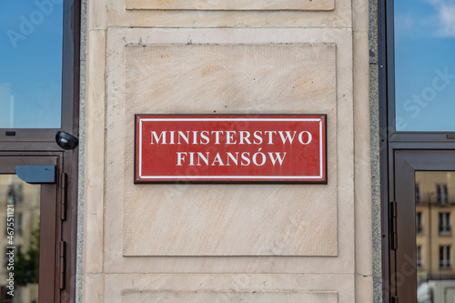 Sign on a building of Ministry of Finance in Warsaw, part of the government of Poland photo