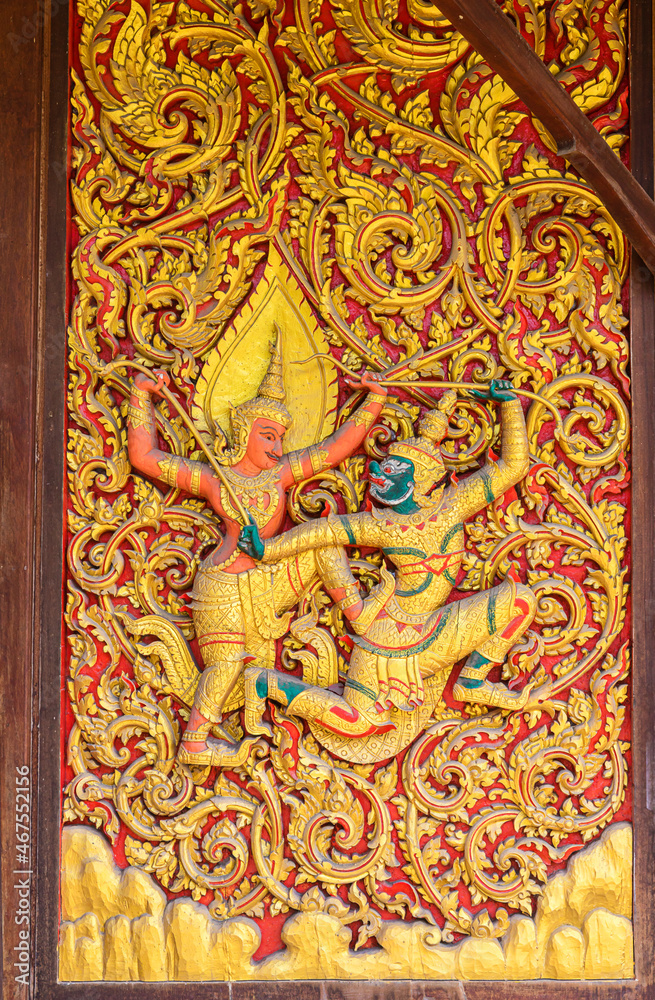 Genreric Thai art sculpture to decorate home, building, temple. Ancient golden carving wooden window of Thai temple. Thailand. thai skin texture, golden striped Thailand, Thai art pattern wood carving