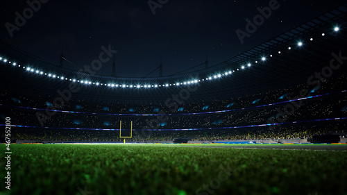 American football night stadium with fans iilluminated by spotlights waiting game. High quality 3d render 