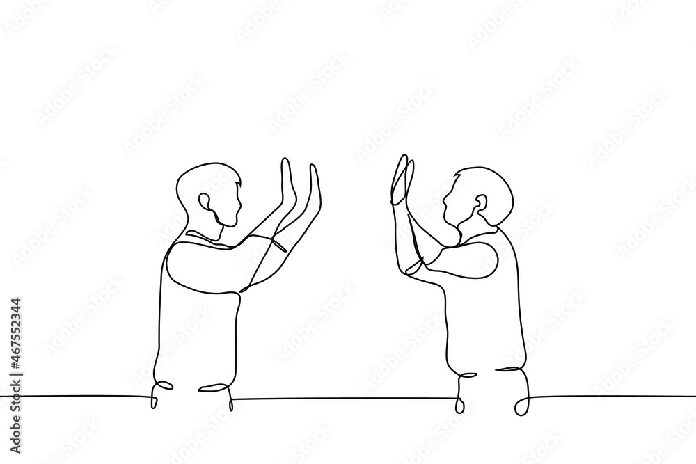 two people hit the palms of friend to friend - one line drawing vector. high five concept, teammates, successful cooperation, symbiosis, friends, truce