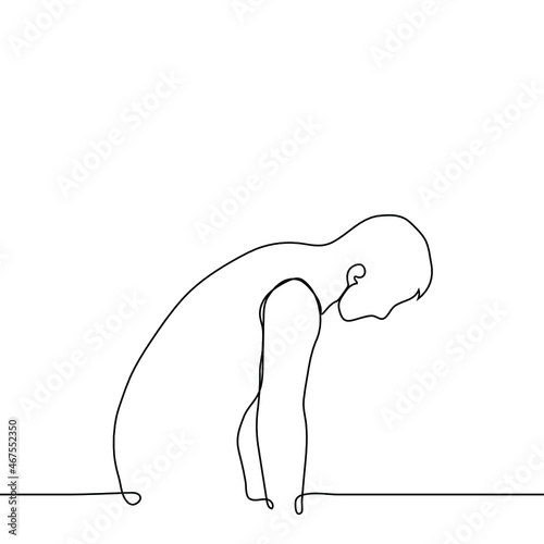 man bent his head and hands down - one line drawing vector. concept of devastation, fatigue, exhaustion, despair, loneliness, powerlessness, sadness, depression, curvature of the spine, back hump 
