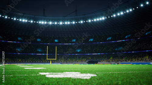 American football night stadium with fans iilluminated by spotlights waiting game. High quality 3d render  photo