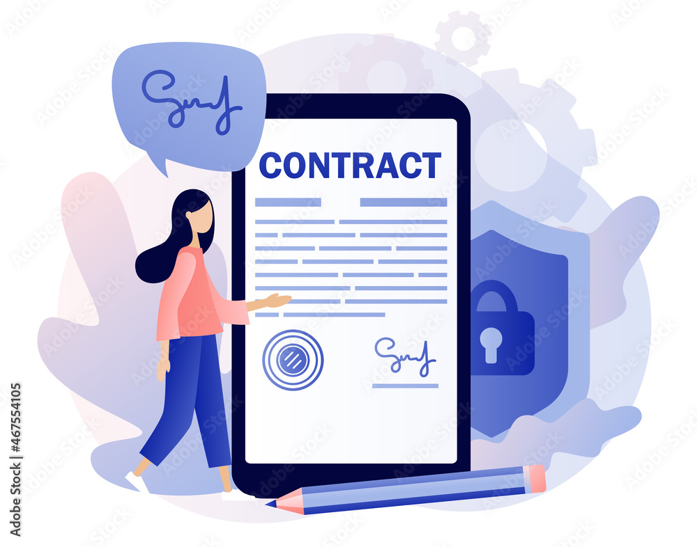 Contract online. Tiny businesswoman signing agreement, legal document or contract in smartphone app. Digital signature. Modern flat cartoon style. Vector illustration on white background Contract online. Tiny businesswoman signing agreement, legal document or contract in smartphone app. Digital signature. Modern flat cartoon style. Vector illustration on white background