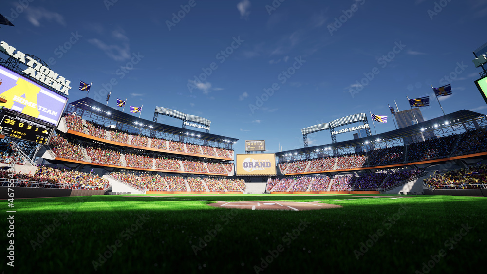 empty baseball stadium arena with fans crowd in the sunny day lights. High quality 3d footage render
