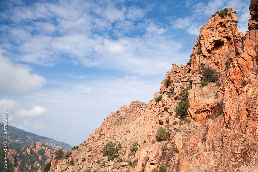 Mountain landscape with red rocks of Calanques de Piana. Corsica