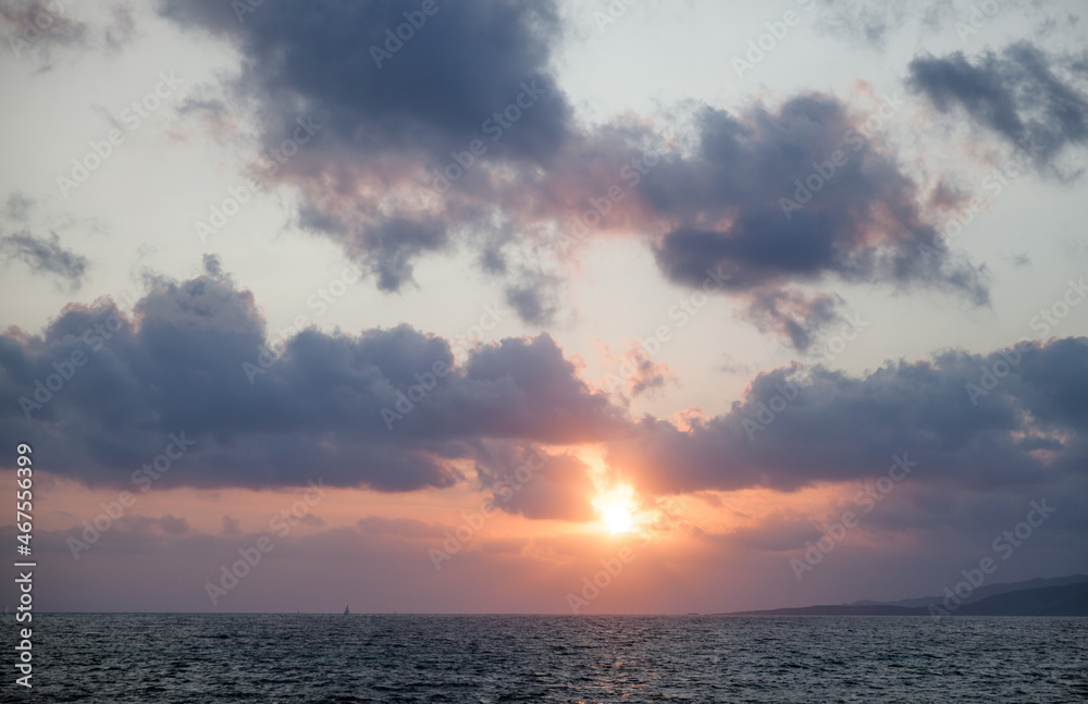 Naklejka premium Sunset seascape. Propriano, Corsica, France