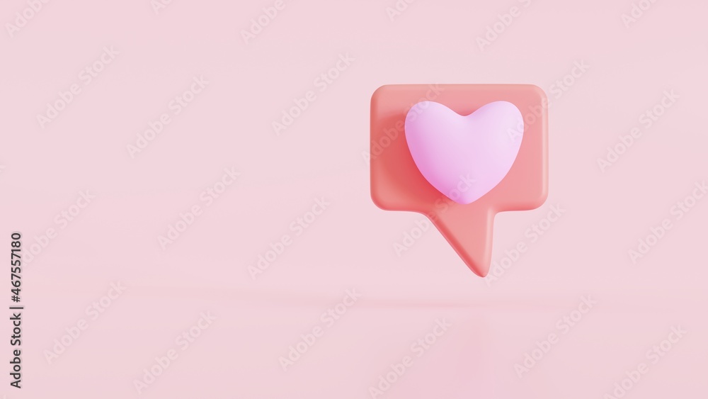 heart icon on a pink background, the concept of social media messages. 3D render illustration