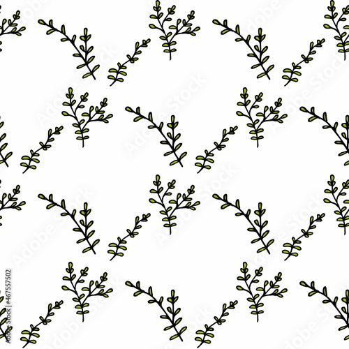 Seamless pattern with bright green branches on white background. Vector image.