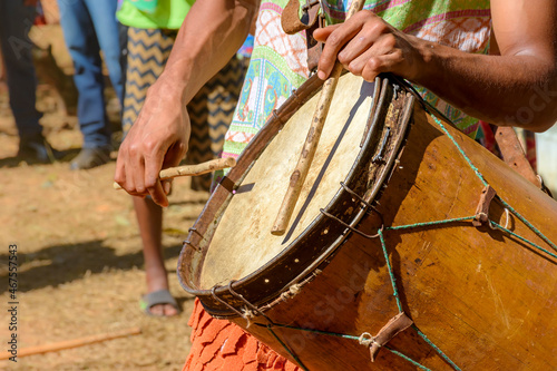 Ethnic and rustic handmade drums in a religious festival that originated in the mixing of the culture of enslaved Africans with European colonizers photo