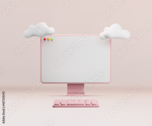 Minimalistic conceptual 3d rendered scene with personal computer and clouds above it on light background. Vector illustration