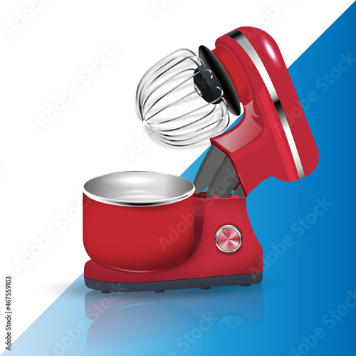 Vector 3D realistic red mixer. The blender is in the open position. Decorative design, sale, repair of household appliances.