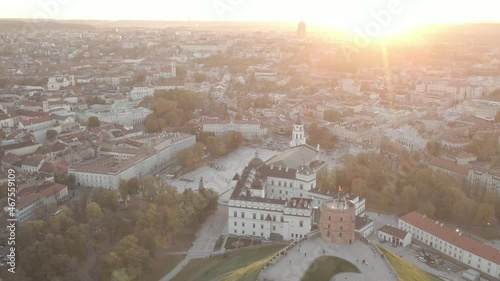 Vilnius old town during the sunset from drone. Gediminas Tower and Vilnius cathedral square. Aerial 4k, HDR, Flat view, Lithuania 