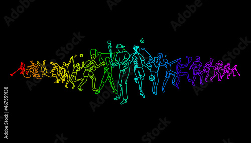 Vector illustration of sports abstract background design with sport players in different activities. football, basketball, baseball, tennis, rugby, bicycling. Vector sport concept