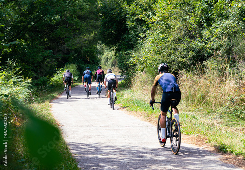 Group of cyclists going up a mountain road.