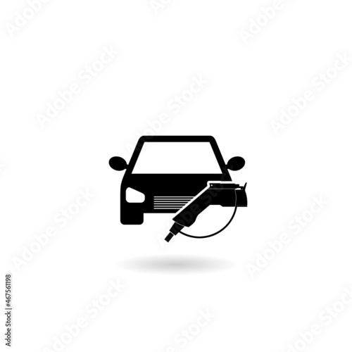 Electric car and electrical cable plug charging icon with shadow isolated on white background