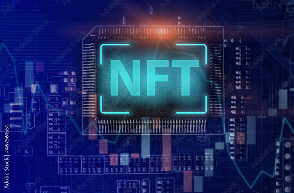 NFT on chip of circuit for selling unique collectibles of artwork. NFT Non fungible token crypto art stock trading concept. Future of art market in blockchain. NFT on chip of circuit for selling unique collectibles of artwork. NFT Non fungible token crypto art stock trading concept. Future of art market in blockchain.