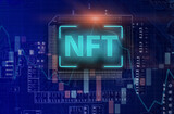 NFT on chip of circuit for selling unique collectibles of artwork. NFT Non fungible token crypto art stock trading concept. Future of art market in blockchain.