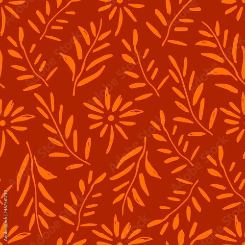 Simple vector floral seamless pattern. Orange leaves, twigs on a brown background. For printing textiles, wrapping paper, clothing, stationery.