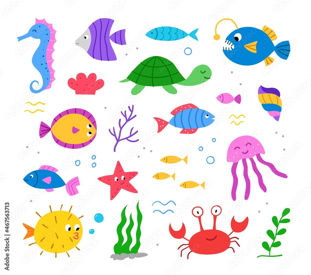 Set with cute hand drawn sea animals. Marine life. Vector flat illustration. Set with cute hand drawn sea animals. Marine life. Vector flat illustration.